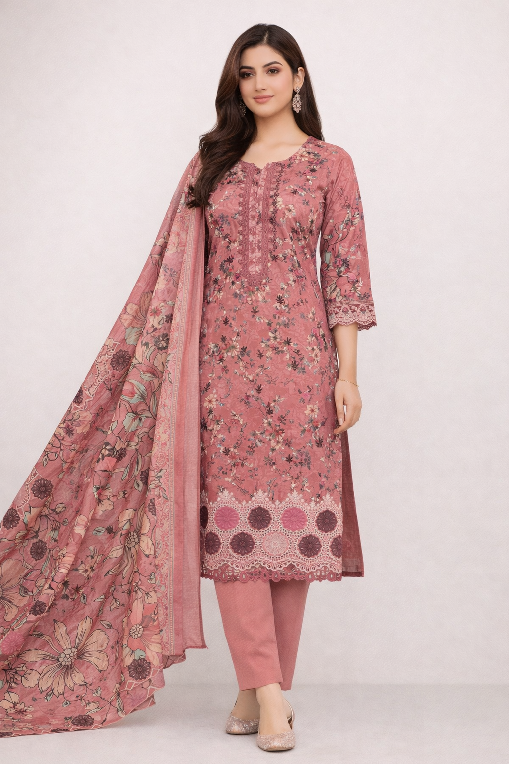 Ladies Printed Cotton Three Piece – Dusty Pink