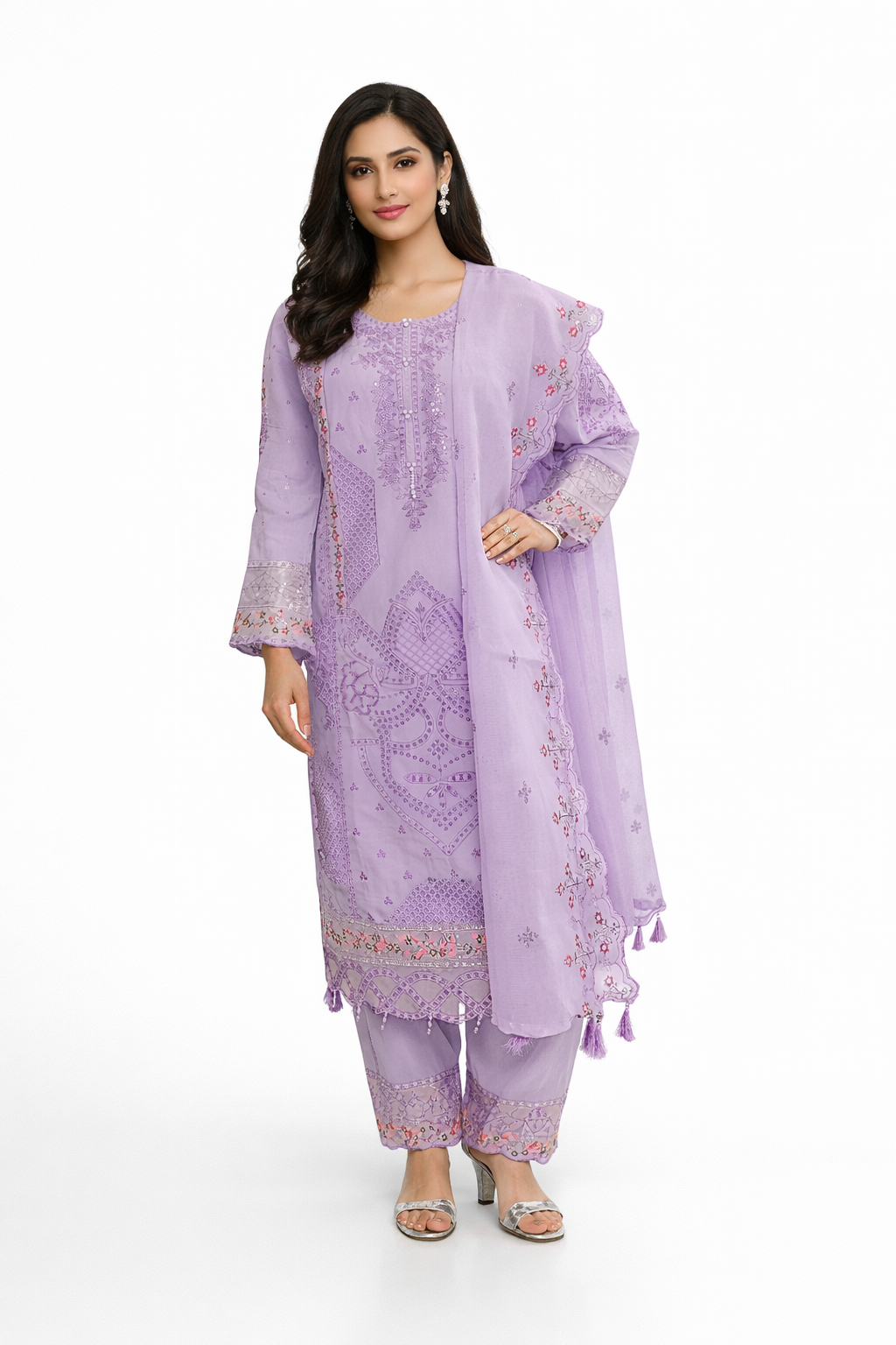 Ladies Embroidered Cotton Three Piece – Lavender